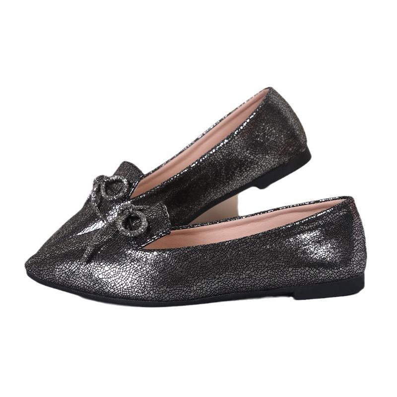 Autumn new retro bow pointed single shoes thick heel soft leather one pedal low heel casual large size women's shoes