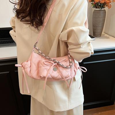 Women's Textured Chain Underarm Bag New Bow Fashionable One Shoulder Crossbody Bags Female Retro Casual Commuting Work Handbag
