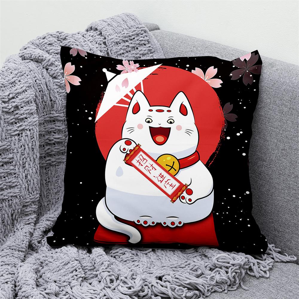 Lucky Cat Japanese Style Sofa Bed Decorative Pillow Cover Home Decor Mount Fuji  Art Cushion