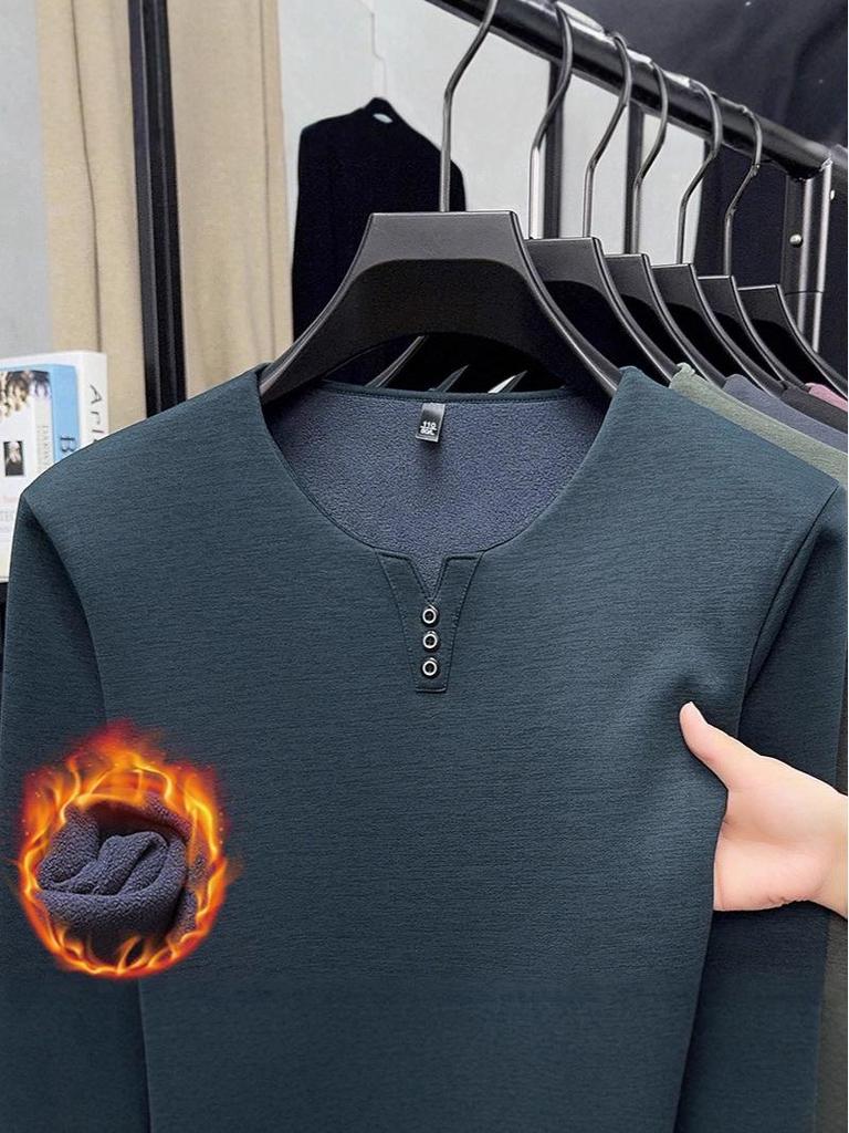 2025 Men's V-Neck Long Sleeve Plus Velvet Thickened T-shirt - Autumn/Winter, Youth Plus Size, Solid Color Base Layer