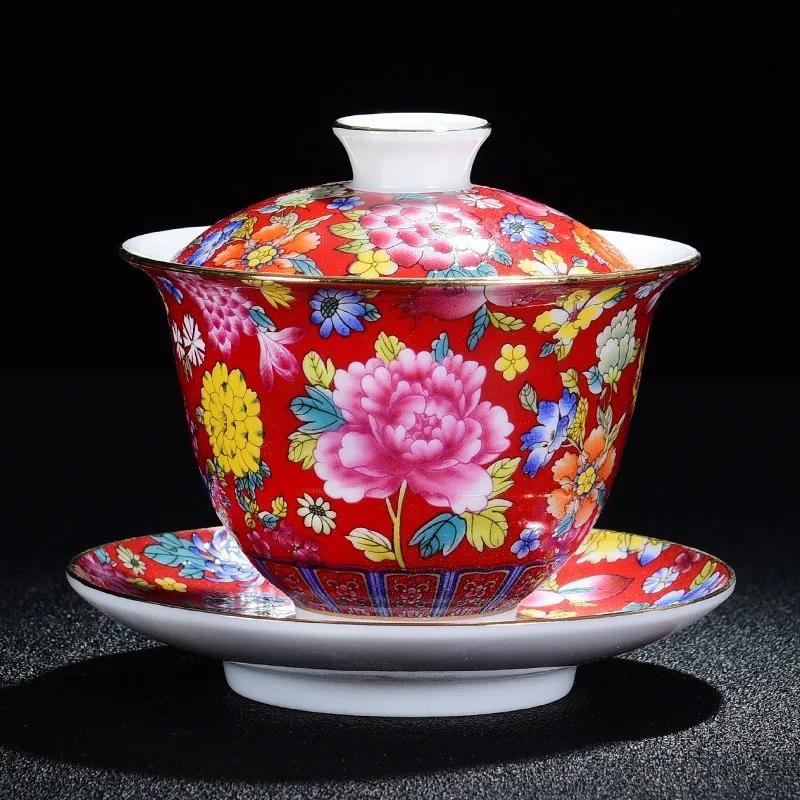 Chinese Kungfu Gaiwan Tea Tureen Intricately Designed Dragon and Phoenix Tea Cups with Elegant Ceramic Color Enamel Teaware