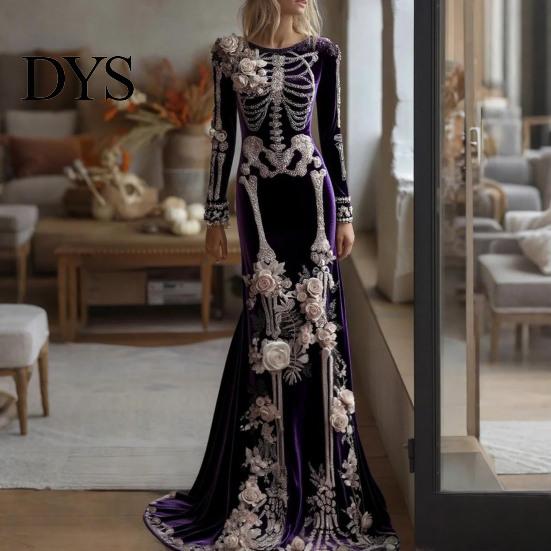 Floor Length Dress Women Skeleton Print Maxi Dress, Gothic Long Sleeve with Evening 3D Flower Decor, Velvet Floral for Halloween Costume Party