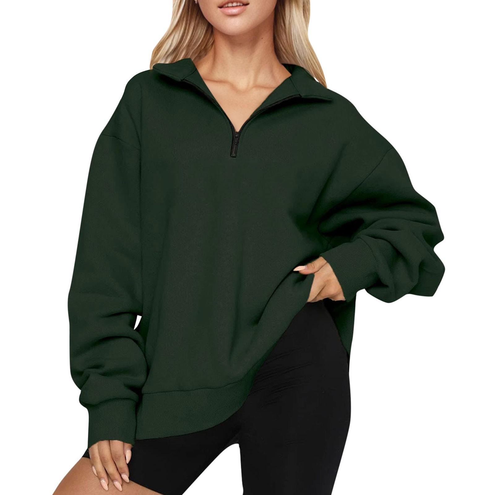 

Women s Casual Fashion Long Sleeve Solid Color Zip Sweatshirt Top L армия зеленый