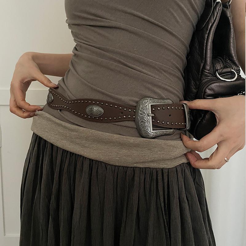 Vintage Western Style Leather Belt With Flower Beads For Women Casual Dresses