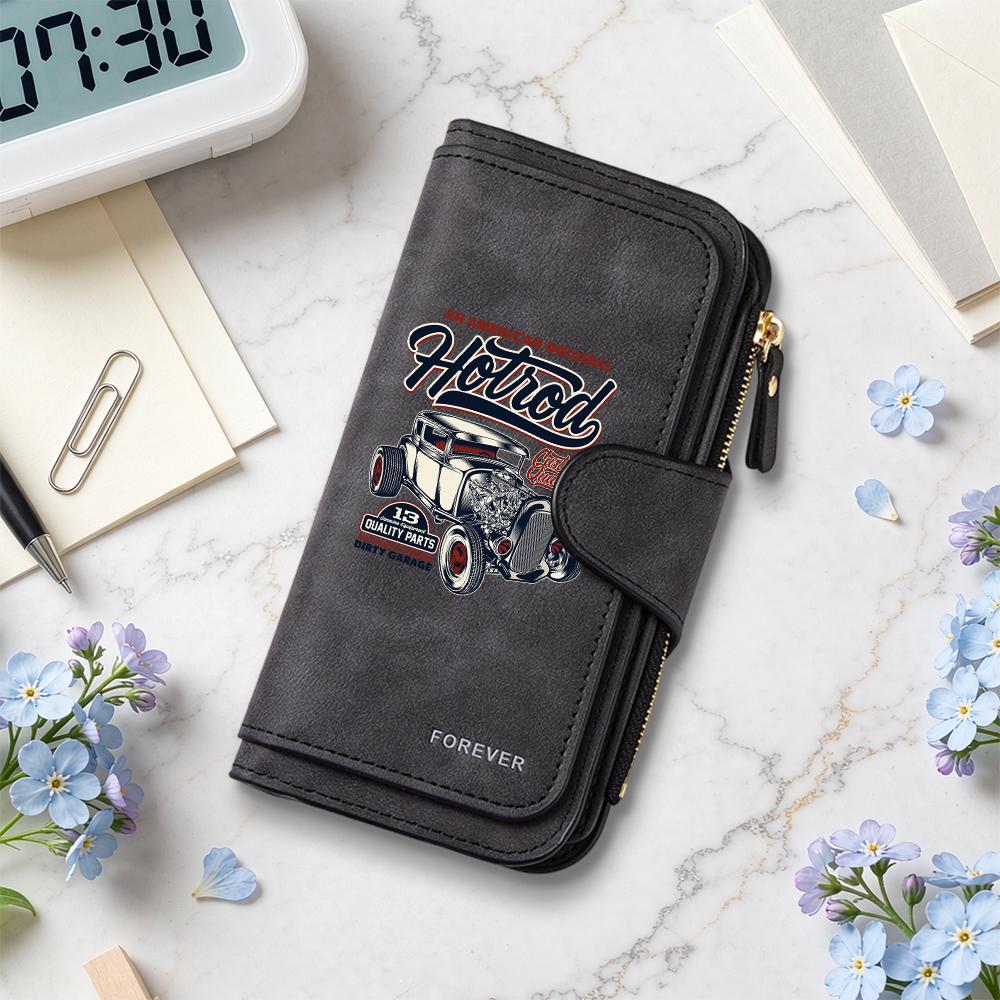 Vintage Hotrod Pattern Long Wallet Casual PU Leather Multi Card Holder Portable Daily Use Purse