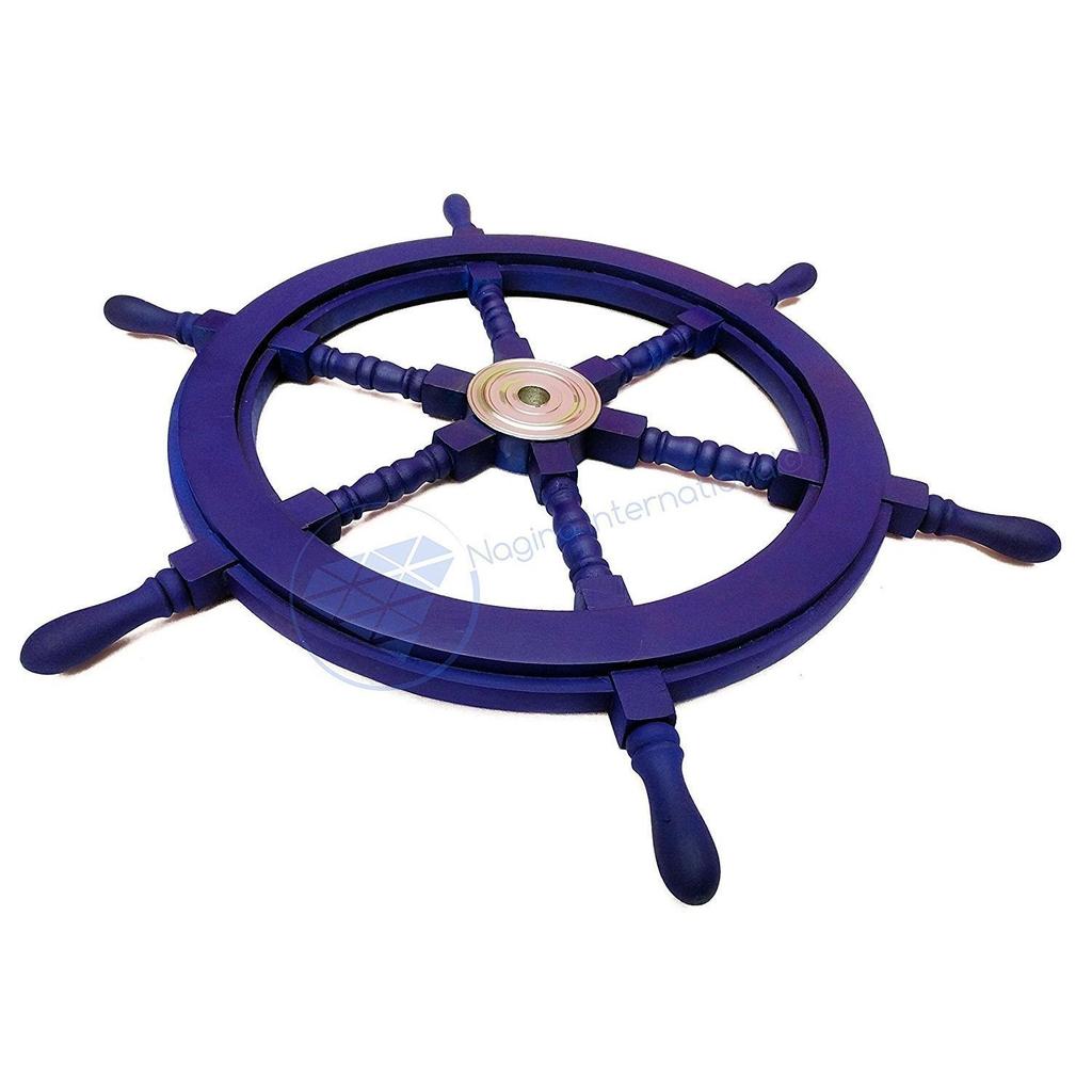 Nautical Handcrafted Wooden Ship Wheel - Home Wall Decor (24 Inches, Light Blue)