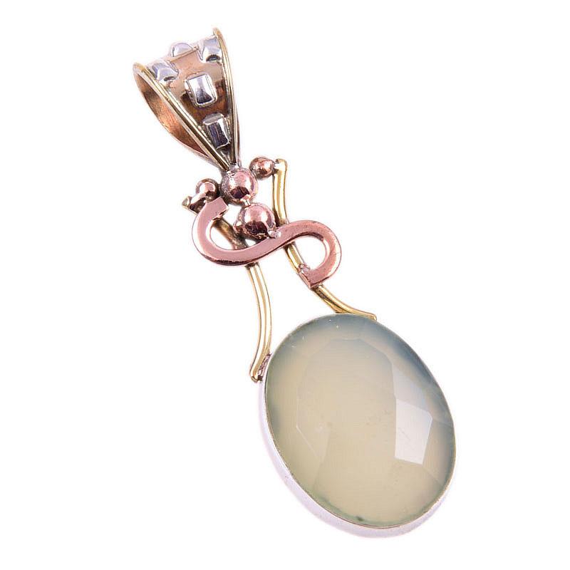 Natural Aqua Chalcedony Gemstone 925 Solid Silver Two Tone Pendant 1.75" U7B54