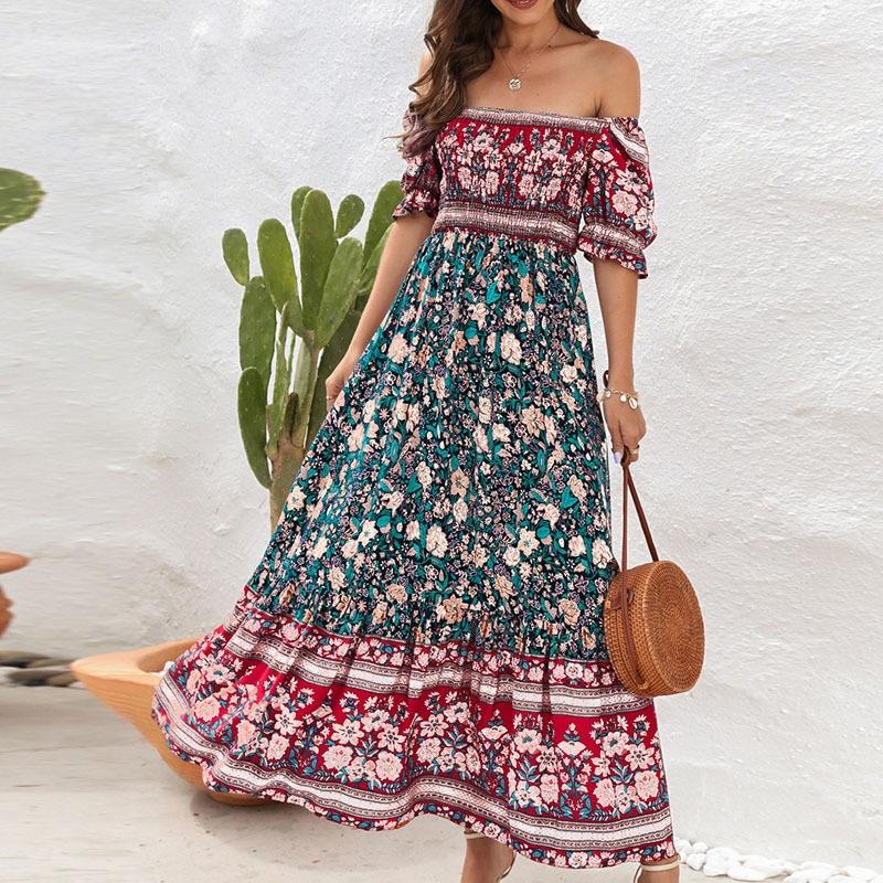 Bohemian Beach Vacation Off Shoulder Puff Sleeve Vintage Comfortable Fashion Dress