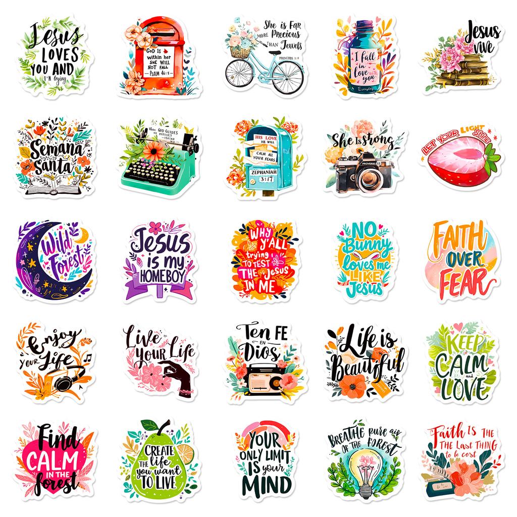 50 Bible Stickers Creative Positive Energy Text Short Sentences Inspirational English Sentences Waterproof Pocket Book Stickers
