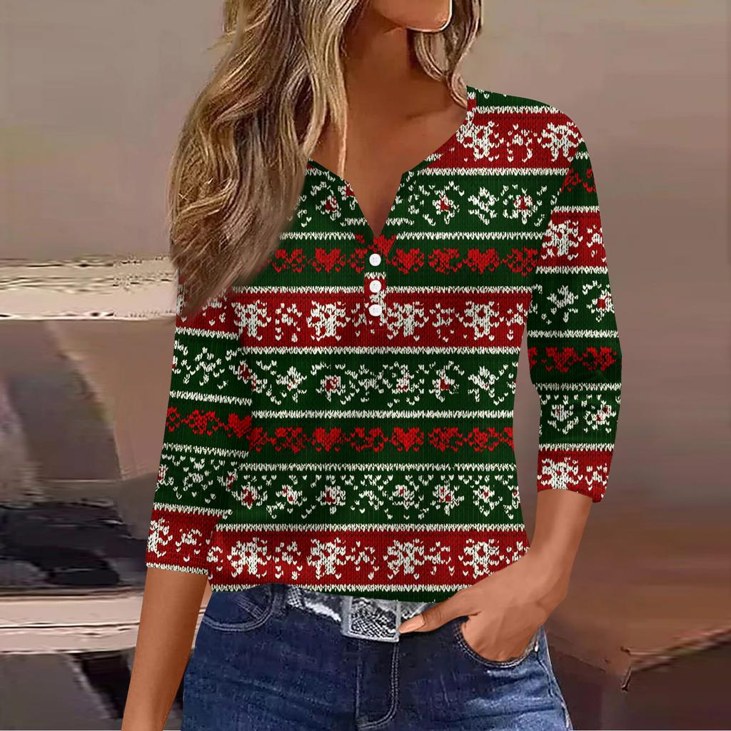Women's Casual Fashion V-neck Loose Versatile Christmas Print Three-quarter Sleeve Top