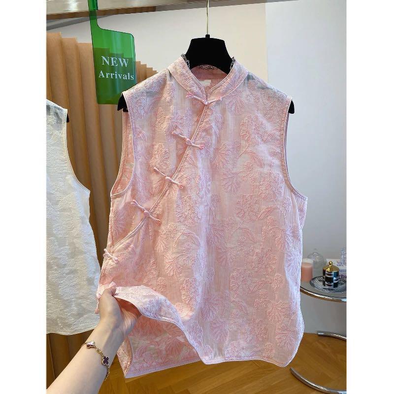 New Chinese style improved cheongsam sleeveless top women's summer embroidered button-up vest shirt pink