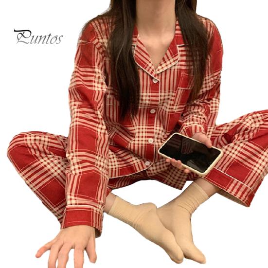 

2 шт./компл., женский пижамный комплект на весну и лето, клетчатый принт с лацканами и длинными рукавами, свободный однобортный широкий комплект домашней одежды, рубашка и брюки, комплект одежды для сна XL красный