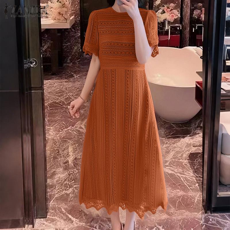 ZANZEA Elegant Ladies Round Neck Short Sleeve Collect Waist Patchwork Lace Dress