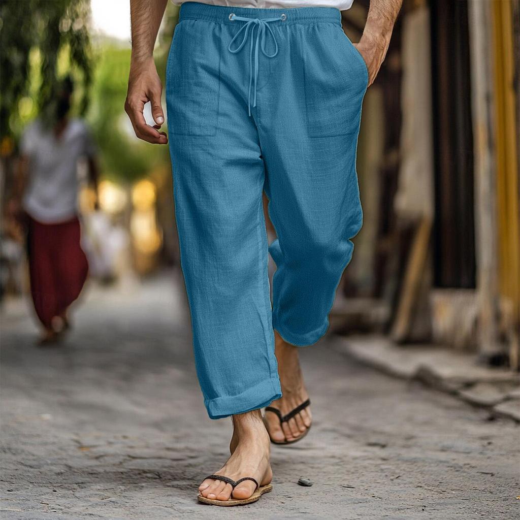 Men's Casual Summer Elastic Waist Drawstring Multi-Pocket Cotton and Linen Trousers Beach Pants