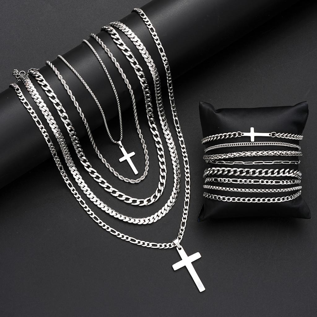 13Pcs Stainless Steel Cross Necklace Bracelet Sets For Men Fashion Silver Color Cuban Chain Jewelry Sets Hiphop Party Wear Gifts