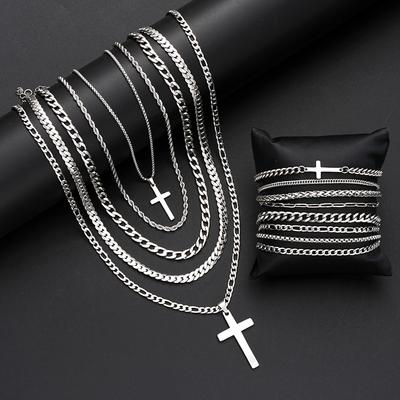 13Pcs Stainless Steel Cross Necklace Bracelet Sets For Men Fashion Silver Color Cuban Chain Jewelry Sets Hiphop Party Wear Gifts
