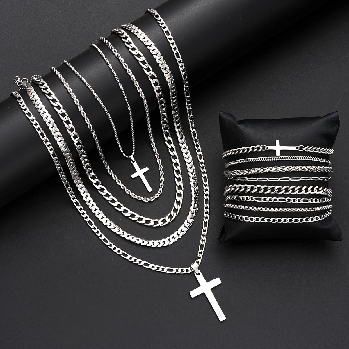 

13Pcs Stainless Steel Cross Necklace Bracelet Sets For Men Fashion Silver Color Cuban Chain Jewelry Sets Hiphop Party Wear Gifts