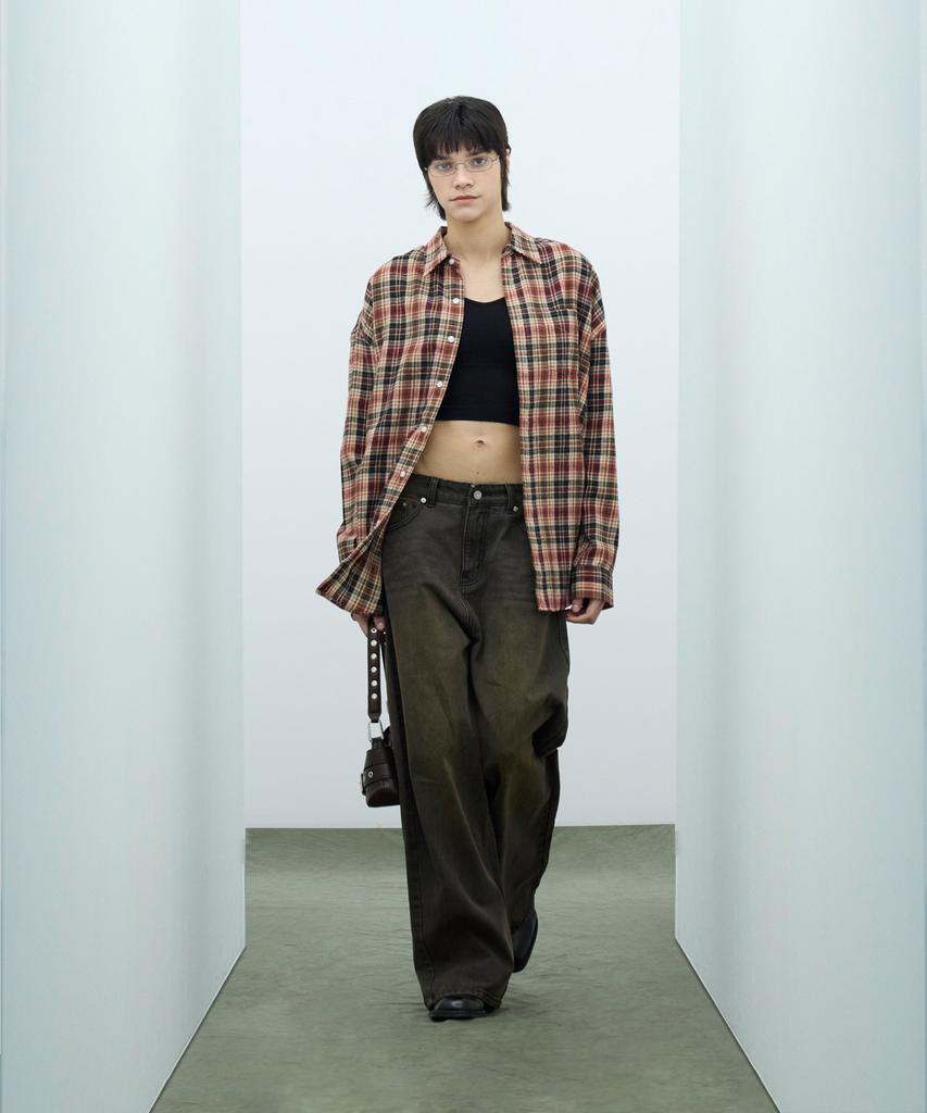 STANDARDERROR 87-Stan134 Soft Misty Oversized Pocket Long Sleeve Check Shirt Red