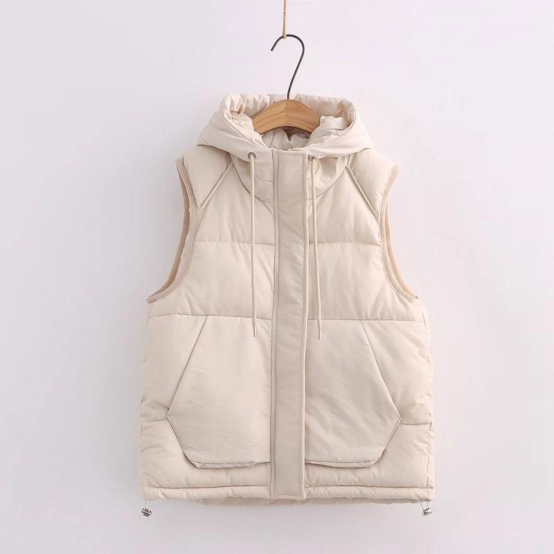 

Hooded down Cotton Vest Women 2025 Fall and Winter New Arrival K-style All-Match Sleeveless Vest Loose Short Vest Outwear Beige M