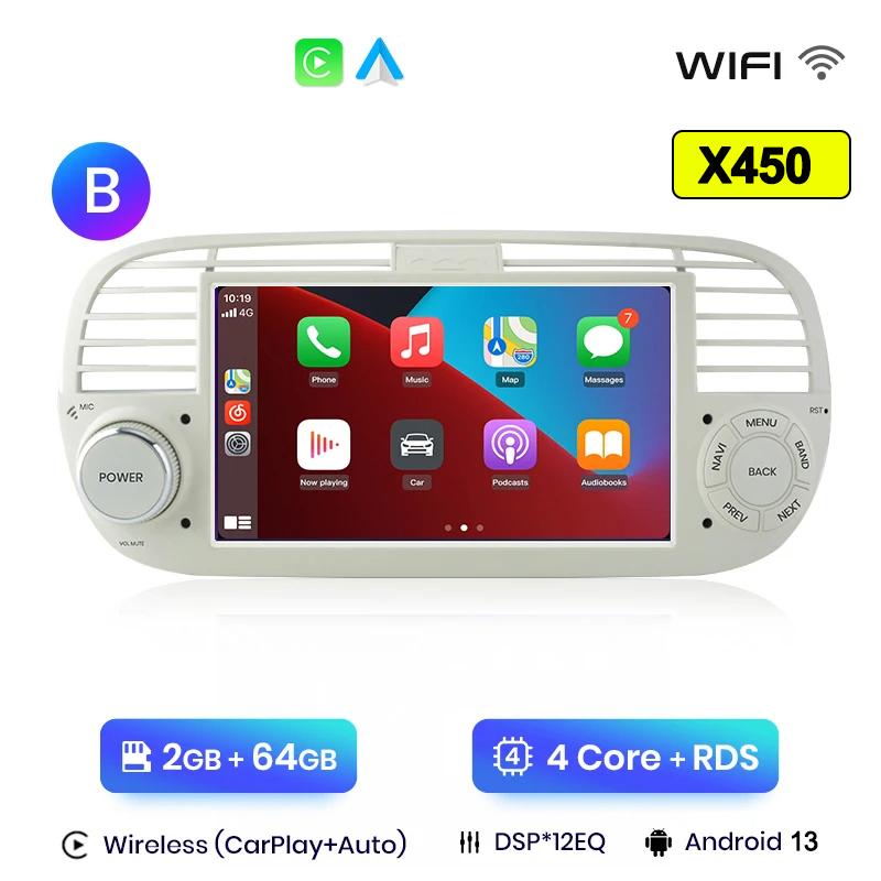 Android 13 Wireless CarPlay for Apple 2Din Auto Radio for FIAT 500 Abarth 2007 2008 2009-2015 Multimedia Screen Stereo GPS BT