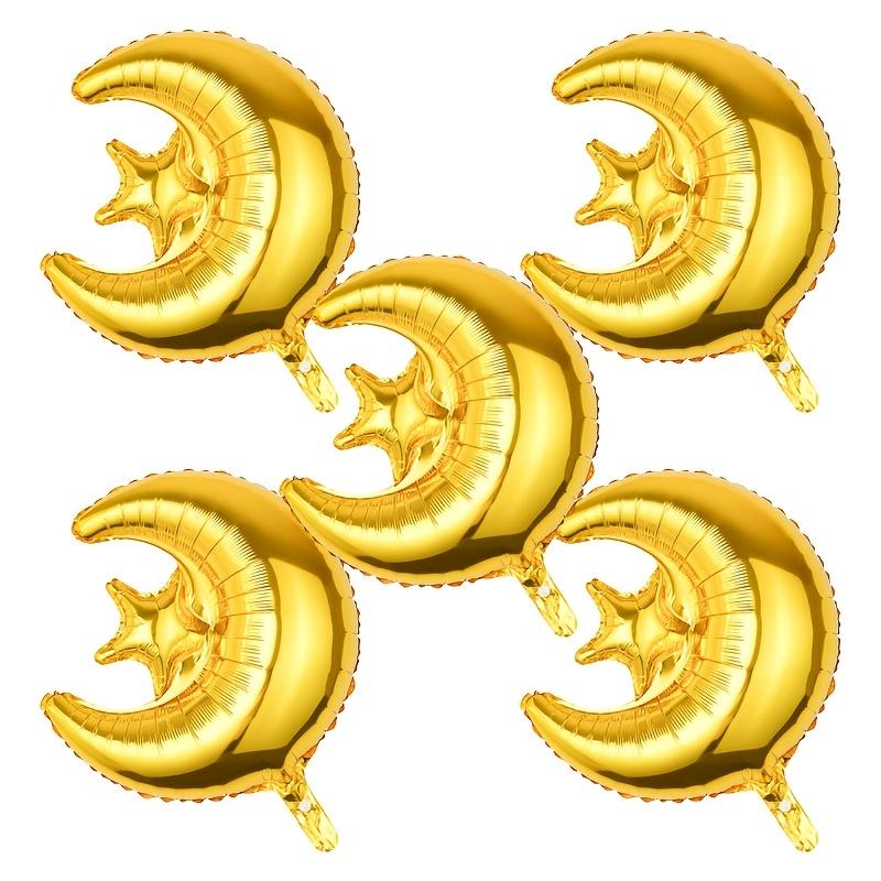5-Pack of Golden Moon and Star Balloons, Moon and Star Foil Balloons, Suitable for Eid Al-Adha, Eid Al-Fitr, Islamic New Year Themed Party Decorations