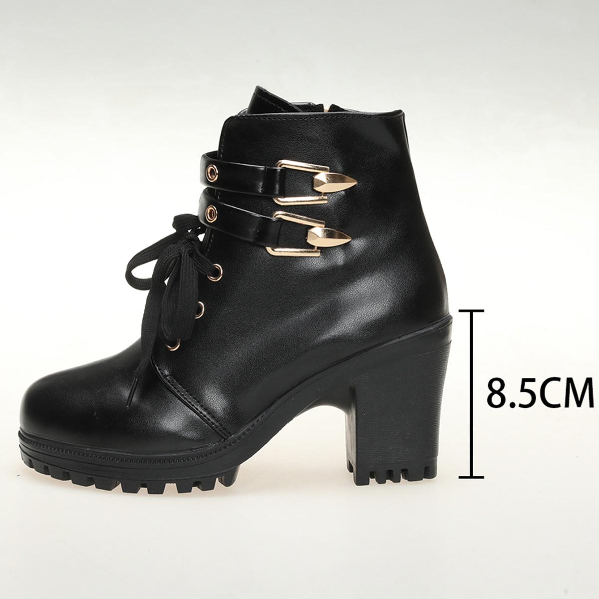 

Foreign trade round head thick sole large size British fashion boots 2024 winter thick heel retro side zipper high heel short boots 36 чёрный