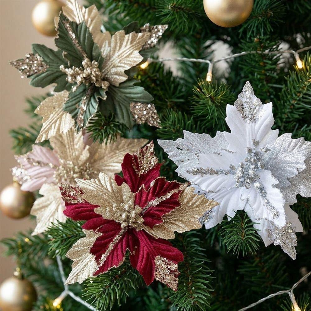 Glitter Powder Artificial Poinsettia Pick with Stem Fake Flower Ornament Home Wedding