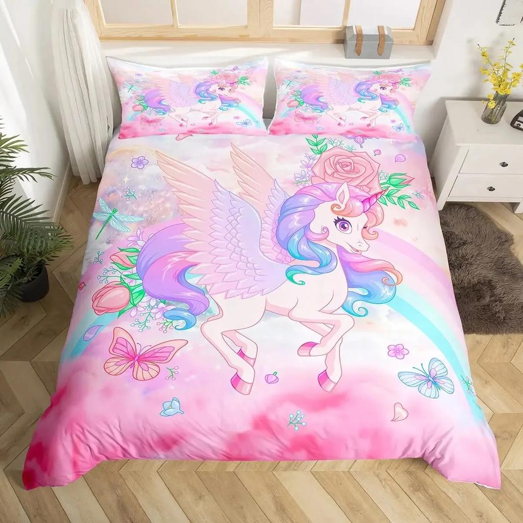 Unicorn Cat Duvet Cover Set Queen,Rainbow Unicorn Bedding Set,Girls Cartoon Magical Animal Sweet Icecream Comforter Cover