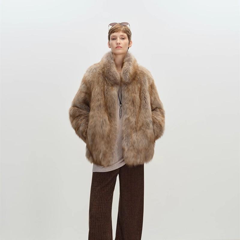 Womens Mid-Length Faux Fur Coat With Stand Collar Winter Warm Outerwear Casual Korean Style