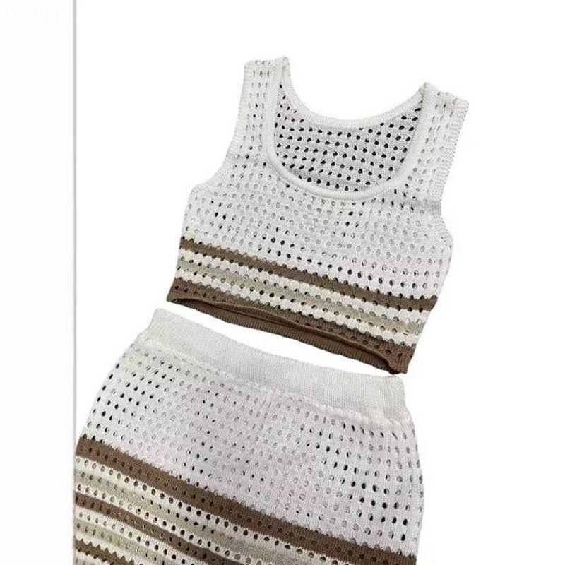 Stylish Export European and American Women's Clothing Summer New Sleeveless Vest Sexy Slit Stripes Skirt Knitting Suit