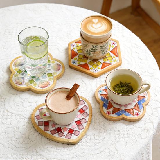 Yousheng 1 Set DIY Mosaic Tile Coaster Set Mixed Color Mosaic Kit with Wooden Coaster Kids Adults Handmade Mosaic Crafts Coaster with Accessories