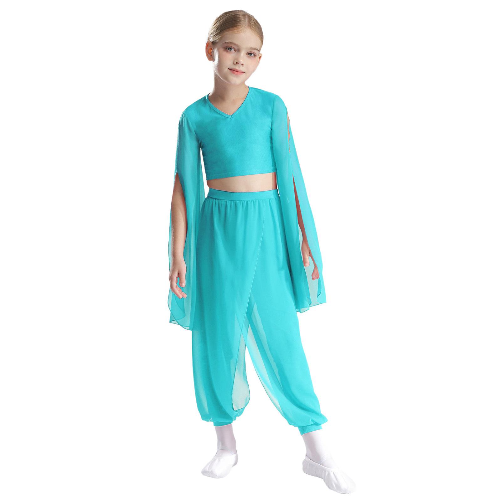 

Girls Classical Dance Wear V Neck Crop Top Flared Sleeves Design Practice Pants Performance Outfit 5-6 Years зелений/синій