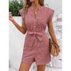 European and American Summer V-neck Single-Breasted Stripe Pocket Age-Reducing Casual Temperament Short Sleeve Jumpsuit Shorts Jumpsuits