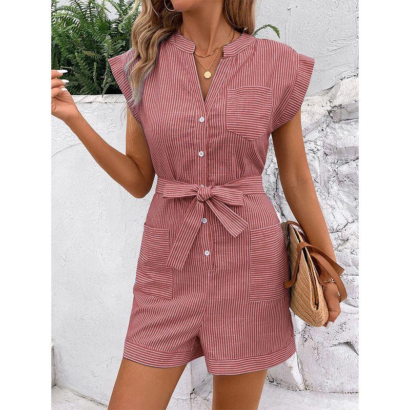 European and American Summer V-neck Single-Breasted Stripe Pocket Age-Reducing Casual Temperament Short Sleeve Jumpsuit Shorts Jumpsuits