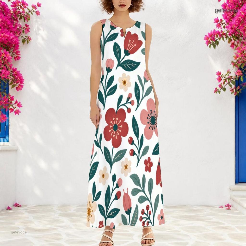 Women Plus Size Notch Neck Sleeveless Floral Printed A Line Long Dress With Side Pockets