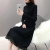 Women's Plus Velvet Thick Mid-Length Knit Sweater Dress - Loose Fit with Lace and Half-High Collar for Autumn and Winter
