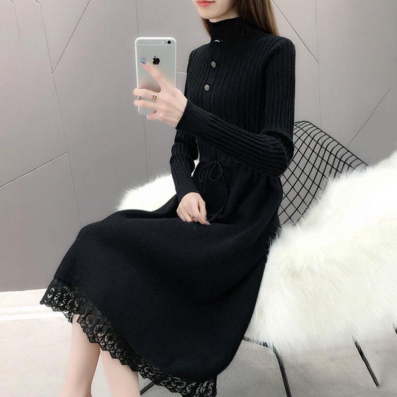 Women's Plus Velvet Thick Mid-Length Knit Sweater Dress - Loose Fit with Lace and Half-High Collar for Autumn and Winter