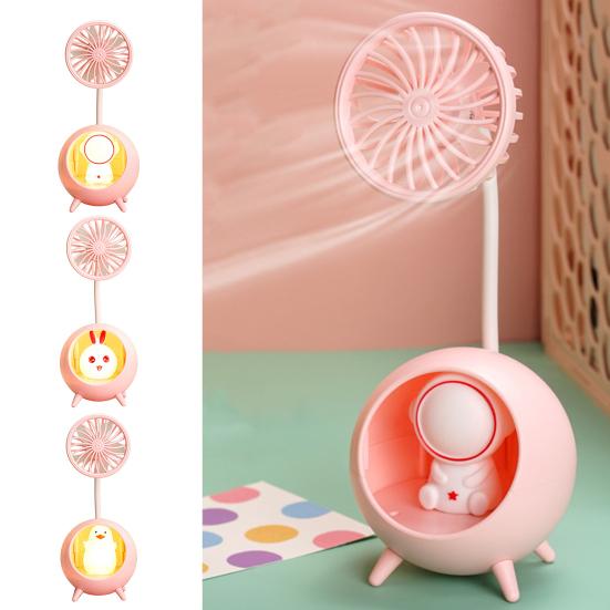 Desk Lamp Small Fan with Adjustable Bendable Pole Stable Base Quiet Motor Cartoon Chick Rabbit Design Dorm Room Fan Light