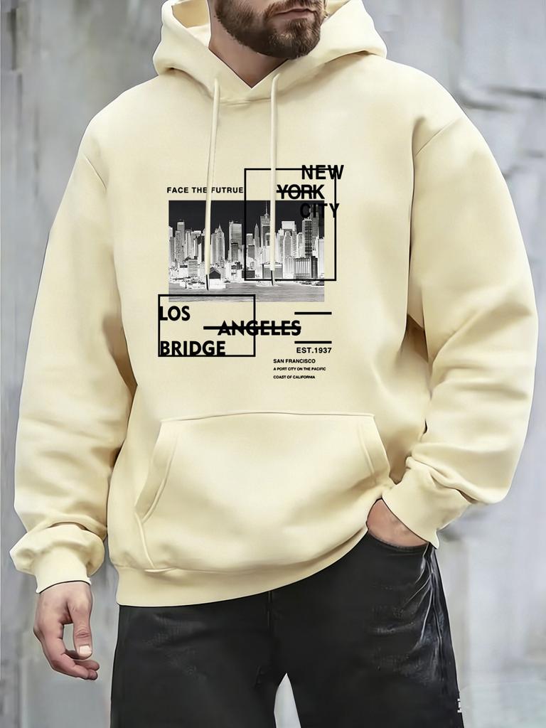 Japanese-style Men's Landmark Print Hoodie, Unisex Streetwear Style, Soft and Comfortable Hooded Pullover for Autumn and Winter.