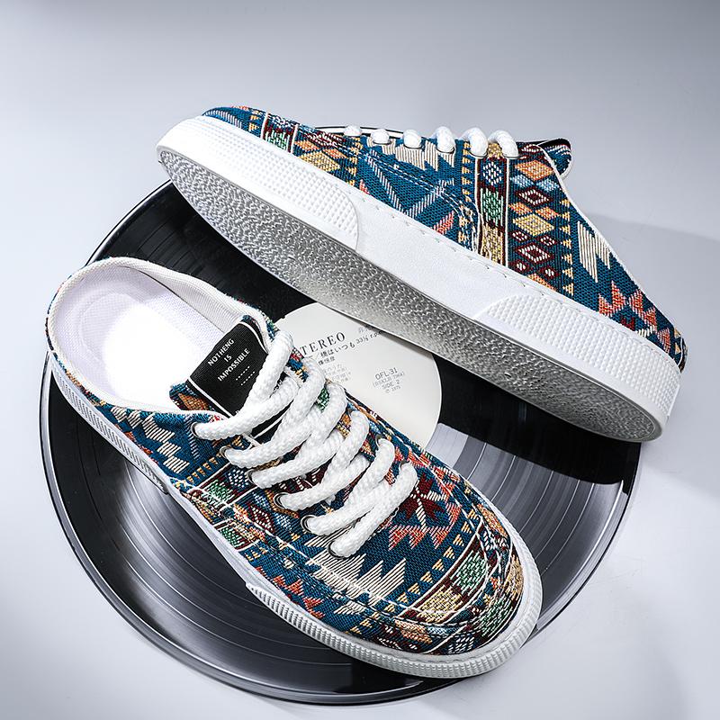 Men Half-slippers Summer New Sneakers Casual Mens Designer Ethnic Style Board Shoes Fabric Breathable Increased Internal