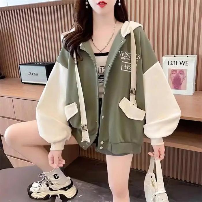 Women s Plus Size Hooded Color Block Cardigan Jacket - Autumn/Winter Mid-Length Velvet Sweatshirt M зелёный