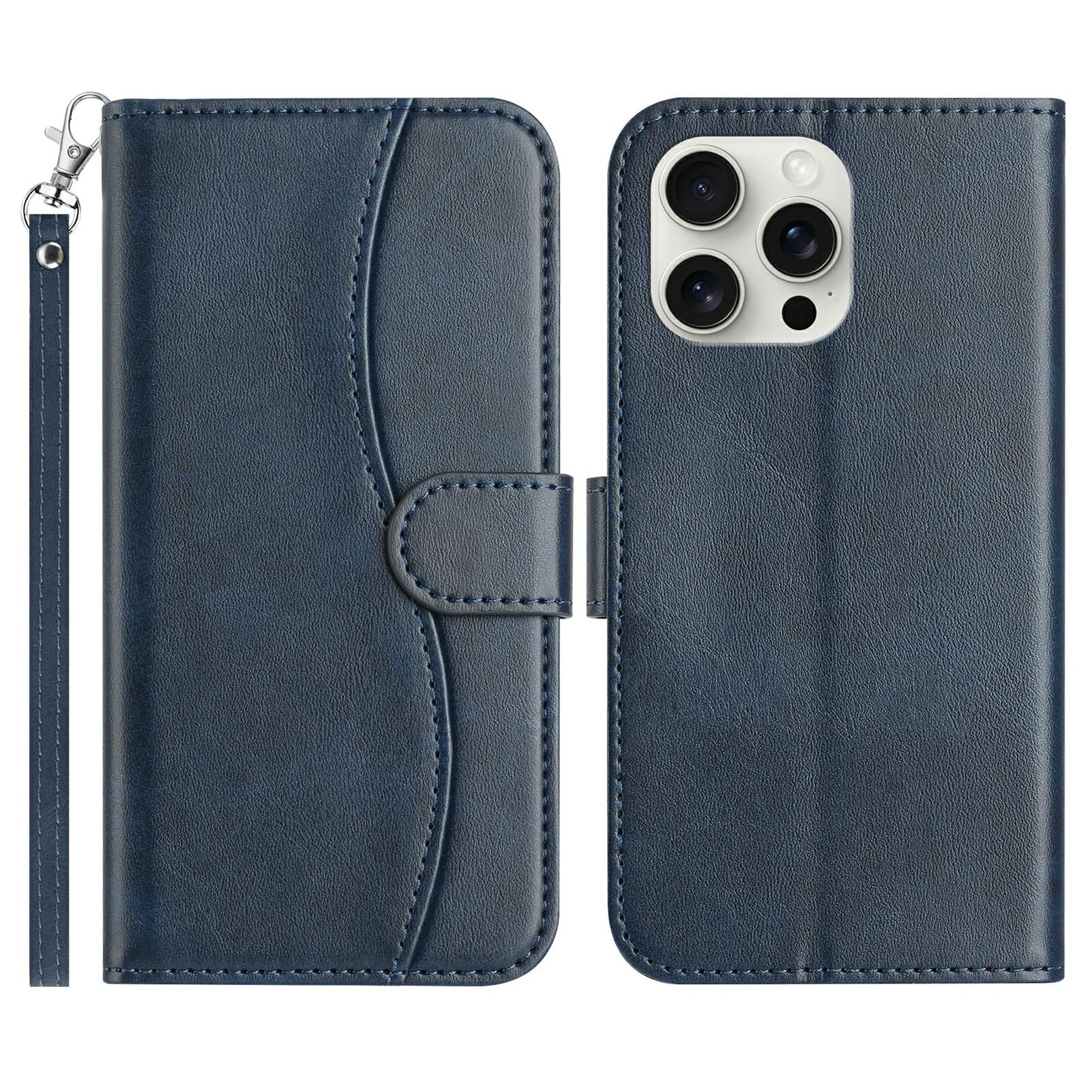 

For iPhone 15 Pro Stand Case with Strap PU Leather Wallet Phone Cover S Shape Stitching Design Navy Blue