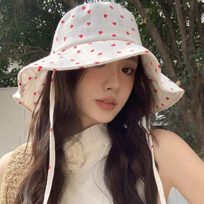 Sweet and cute love lace-up bucket hat women's summer big brim sunscreen basin hat show face small hat