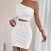 Fashion Single Shoulder Sleeve Hollow Out Dress Spicy Girl Slant Shoulder Hip Wrapping Sexy Party Short Dress Pleated Solid Colar Elegant Clothing