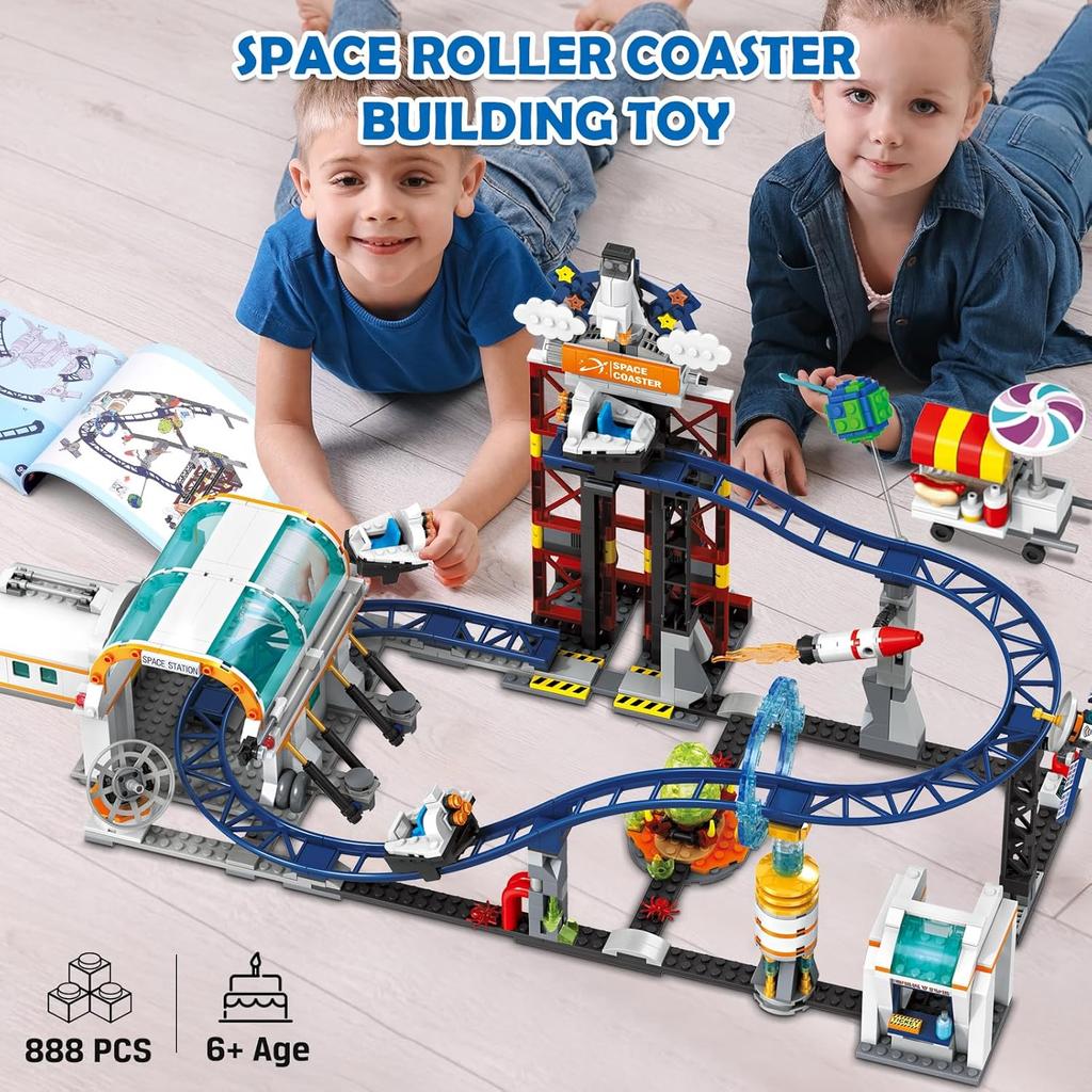 HOGOKIDS Brinquedo de Construção Montanha Russa Espacial - 888 Peças Conjunto de Construção Apresenta Plataforma Elevatória, Satélites, Foguete Montável Parque