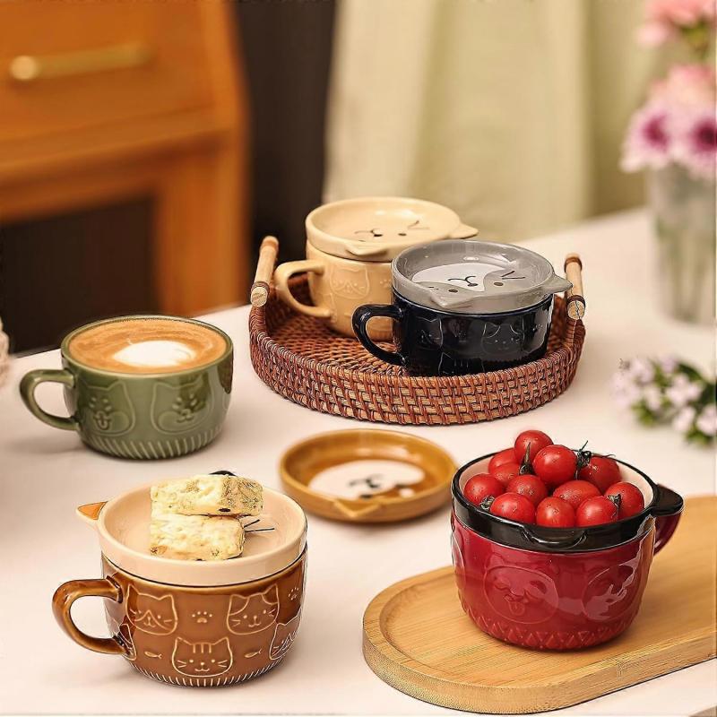 300ML Cute Ceramic Cat Coffee Mug with Lid for Cat Lovers,Funny Novelty Cat Breakfast Mugs for Friends Gift