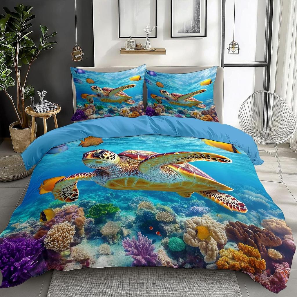 Sea Turtle Purple/Blue Bedding Set With Concealed Zipper, Soft Printed Reversible Duvet Cover with Pillowcases for All Seasons