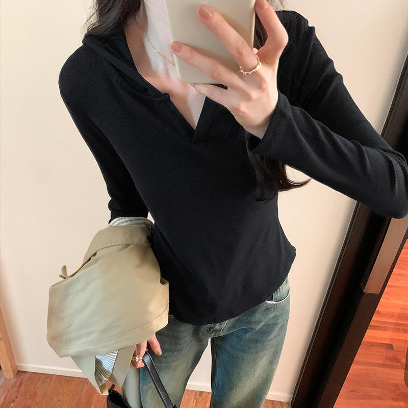 

Американский ретро однотонный свитер с капюшоном для женщин, осень-зима, новая короткая универсальная футболка с длинными рукавами XL