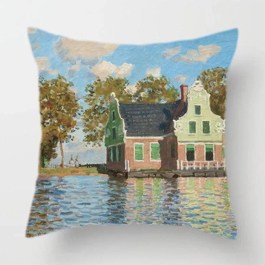 Claude Monet Polyester Printing Cushion Cover Sofa Landscape World Famous Oil Painting Throw Decorative Pillow Case Home Decor