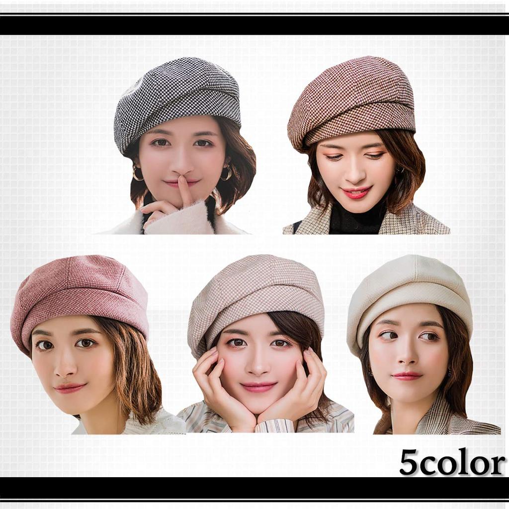 WHITE FANG Houndstooth Pattern Beret Hat Cold Protection Hat Cap Stylish Cute CA335 Autumn/Winter Women's (01 Black)